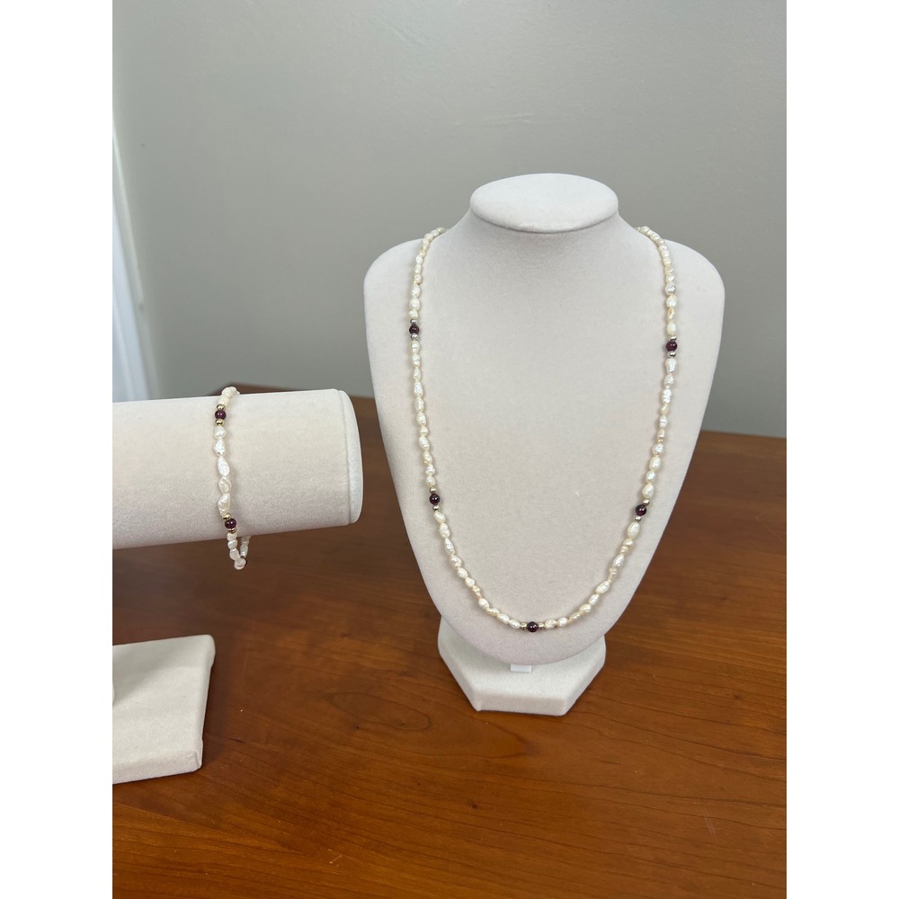 Freshwater Rice Pearl Necklace and Bracelet Set Garnet Red Accents 2pc Jewelry